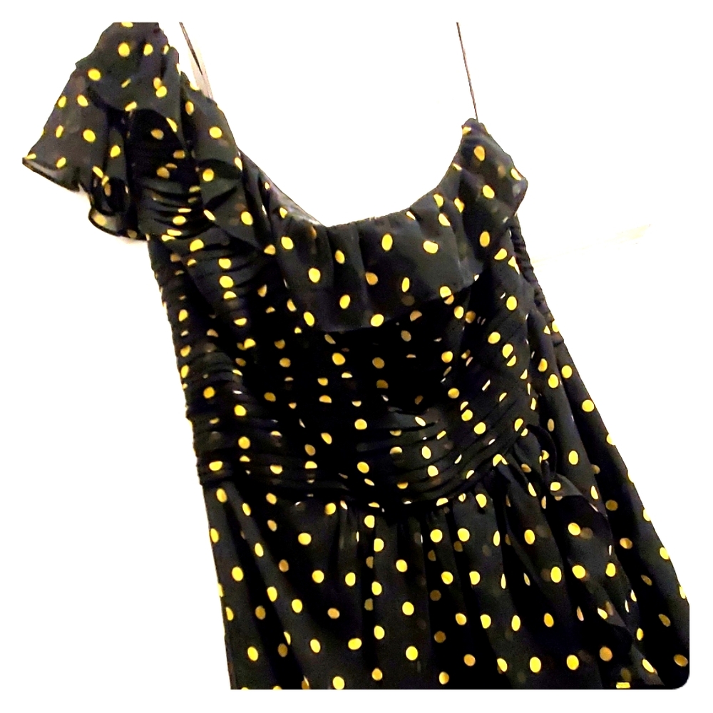 Ruched and ruffled one shoulder polka dot dress